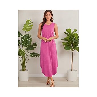 Womens Summer Midi Dress Crew Neck Elastic Waist Side Slit Casual Sundress Beach Cover Up Dresses