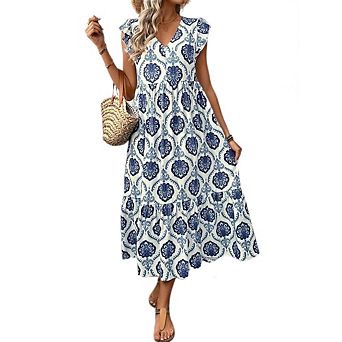 Womens Summer Boho Floral Maxi Dresses Casual Ruffle Sleeve A-Line Flowy Beach Vacation Sundresses
