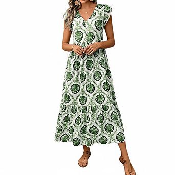 Womens Summer Boho Floral Maxi Dresses Casual Ruffle Sleeve A-Line Flowy Beach Vacation Sundresses