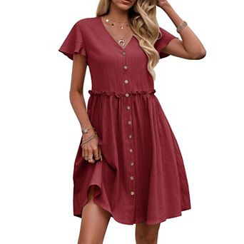 Womens Summer Dresses Casual Ruffle Cap Sleeve Button Down Swing Beach Vacation Short Dress