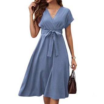 Womens Summer Flowy Midi Dress Casual Wrap V Neck Short Sleeve Belt A-Line Pleated Sun Dress