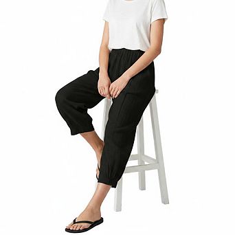 Womens Linen Wide Leg Pants Casual Loose Elastic Waisted Cropped Palazzo Pants with Pockets