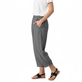 Womens Linen Wide Leg Pants Casual Loose Elastic Waisted Cropped Palazzo Pants with Pockets