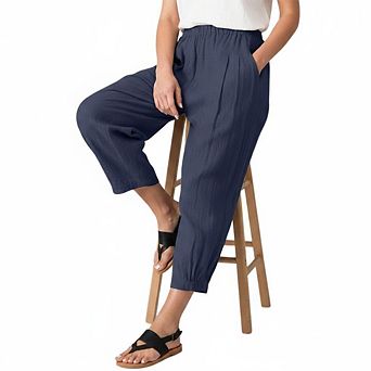 Womens Linen Wide Leg Pants Casual Loose Elastic Waisted Cropped Palazzo Pants with Pockets