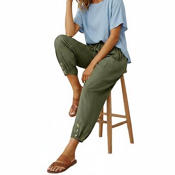 Cropped Pants for Women High Elastic Waisted Drawstring Cotton Linen Crop Pants with Pockets