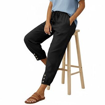 Cropped Pants for Women High Elastic Waisted Drawstring Cotton Linen Crop Pants with Pockets