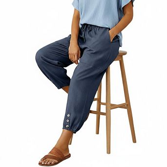 Cropped Pants for Women High Elastic Waisted Drawstring Cotton Linen Crop Pants with Pockets