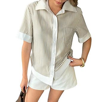 Womens Short Sleeve Button Down Shirts Casual V Neck Collared Blouses Work Tops