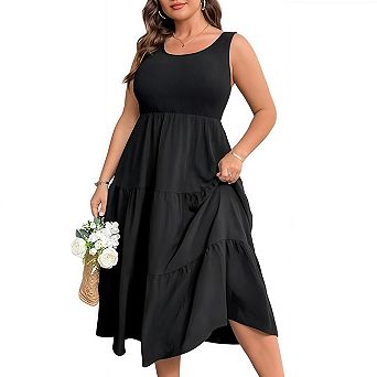 Plus Size Summer Sleeveless Tank Dress Women Casual Smocked Flowy Tiered Midi Beach Outfits