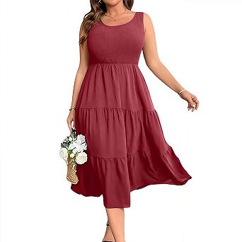 Plus Size Summer Sleeveless Tank Dress Women Casual Smocked Flowy Tiered Midi Beach Outfits