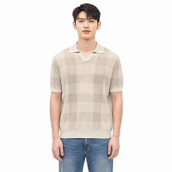 Men Color Block Check Knit Short Sleeve V Notch Collar Polo Shirt Casual Textured Top