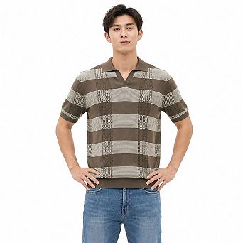 Men Color Block Check Knit Short Sleeve V Notch Collar Polo Shirt Casual Textured Top