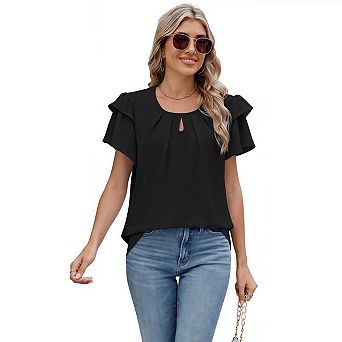 Womens Tops Dressy Casual Business Work Blouses Short Ruffle Sleeve V Neck Summer Shirts Outfits
