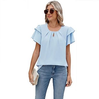 Womens Tops Dressy Casual Business Work Blouses Short Ruffle Sleeve V Neck Summer Shirts Outfits