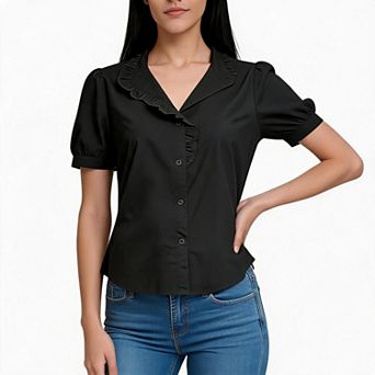 Womens Dressy Button Down Shirts Short Puff Sleeve Ruffle Lapel Collar Blouse Business Casual Tops