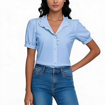 Womens Dressy Button Down Shirts Short Puff Sleeve Ruffle Lapel Collar Blouse Business Casual Tops