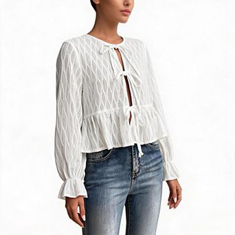 Women’s Summer Babydoll Tops Long Sleeve Peplum Bow Tie Front Shirts Casual Flowy Loose Fit Blouse