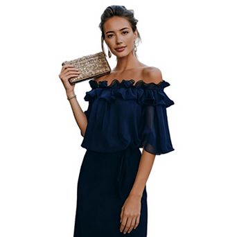 Women's Summer Fashion Shirt Elastic Off the Shoulder Ruffle Trim Blouse Dressy Short Sleeve Tops