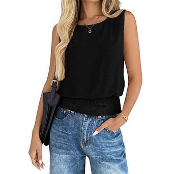 Women's Summer Casual Tank Top Sleeveless Round Neck Fitted Elastic Waist Pullover Fashion Vest