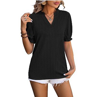 Womens Summer T Shirt Casual Blouses V Neck Ruffle Trim Short Sleeve Shirts Fashion Cute Tops