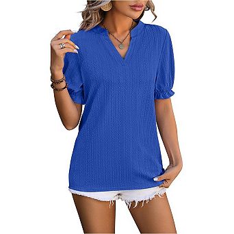 Womens Summer T Shirt Casual Blouses V Neck Ruffle Trim Short Sleeve Shirts Fashion Cute Tops