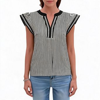 Womens Summer Tank Tops Casual V Neck Tiered Cap Short Sleeve Striped T Shirts Boho Blouses