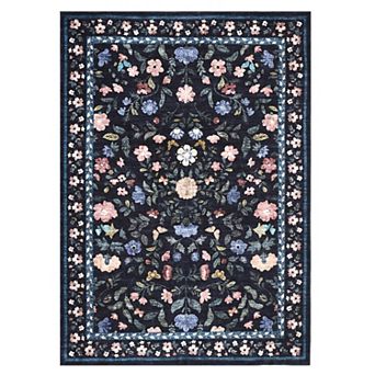 Floral Area Rug, Low Pile Non-Slip Soft Carpet Machine Washable, Spot Resistant, Collapsible