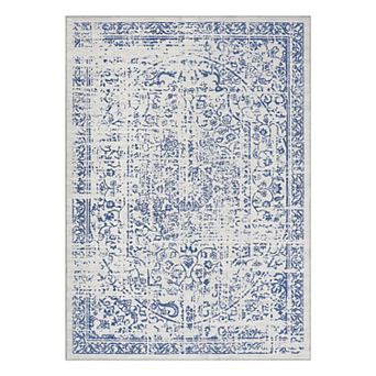 Washable Scalloped Area Rug Modern Bordered, Non-Slip, Mark Resistant Carpet for Living Room