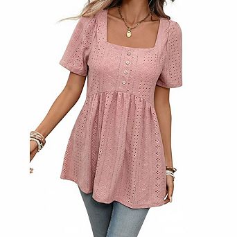 Women's Square Neck Eyelet Embroidery Blouse Short Sleeve Button Front Casual Top