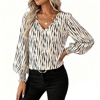 Women's V Neck Print Long Sleeve Blouse with Smocked Cuffs Elegant Summer Fall Shirt Casual Top