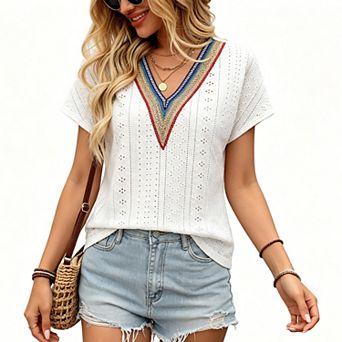 Women's Eyelet Hollow Out Embroidery V Neck Top Jacquard Lace Spliced Shirt Summer Casual Blouse