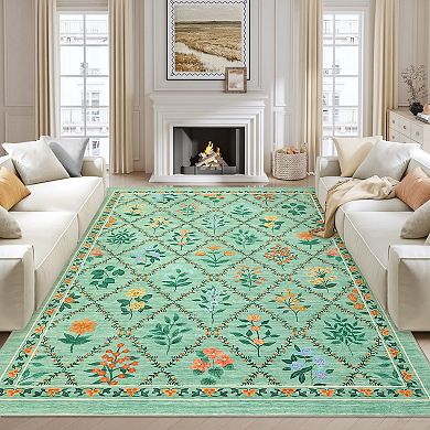 Ultra-Soft Compact Area Rug - Modern Geometric Floral Low Pile Carpet - Non-Slip & Washable