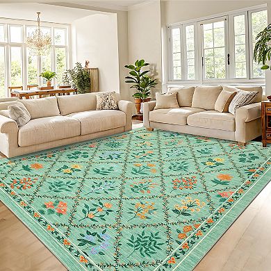 Ultra-Soft Compact Area Rug - Modern Geometric Floral Low Pile Carpet - Non-Slip & Washable