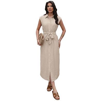Women's Elegant Sleeveless Tie Waist Midi Shirt Dress Collar Belt Flowing Dress