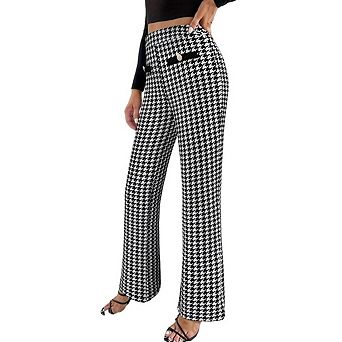 Women's Trendy Checkered Straight Leg Trousers, Mid Waist Plaid Pocket Business Casual Work Pants