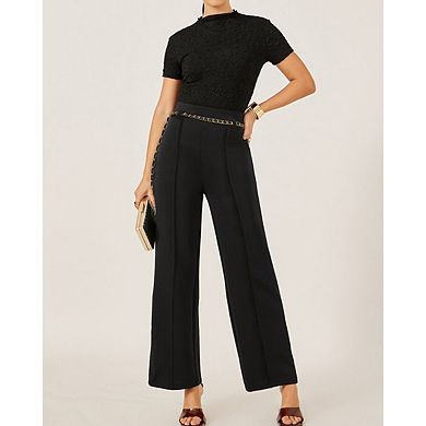 Women's Wide Straight Leg High Waist Office Slacks Pull On Daily Business Work Pants