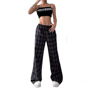Women's Comfy Wide Leg Checkered Pants, Elastic High Waist Pocketed Daily Casual Bottoms