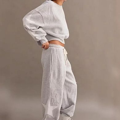 Women's Slouchy Palazzo Casual Pants, Star Patch Straight Drawstring Pocketed Lounge Bottoms