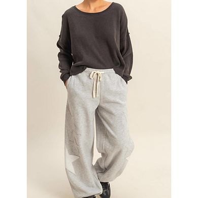 Women's Slouchy Palazzo Casual Pants, Star Patch Straight Drawstring Pocketed Lounge Bottoms