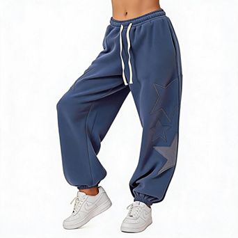 Women's Slouchy Palazzo Casual Pants, Star Patch Straight Drawstring Pocketed Lounge Bottoms