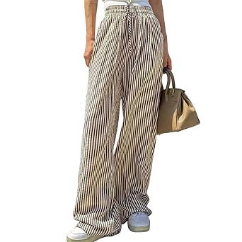 Women's Striped Elastic Waist Palazzo Pants Lightweight Wide Leg Casual Lounge Daily Trousers