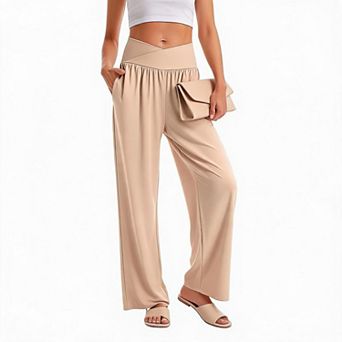Women's Flowy Crossover Waist Lounge Pants, Wide Leg Pocketed Comfy Yoga Casual Sweatpants