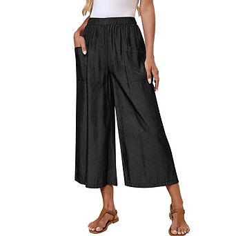 Women’s Casual Cropped Wide Leg Trousers, Elastic Waist Pocketed Palazzo Pants Daily Basic Bottoms