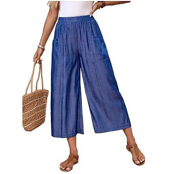 Women’s Casual Cropped Wide Leg Trousers, Elastic Waist Pocketed Palazzo Pants Daily Basic Bottoms