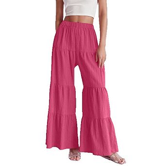 Womem's Boho Flowy Wide Leg Beach Pants Elastic Waist Ruffle Hem Loose Palazzo Trousers