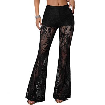 Women’s High Waist Sheer Floral Lace Pants, Straight Leg See Through Long Pants Club Going Out Outfi