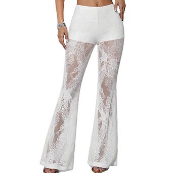 Women’s High Waist Sheer Floral Lace Pants, Straight Leg See Through Long Pants Club Going Out Outfi