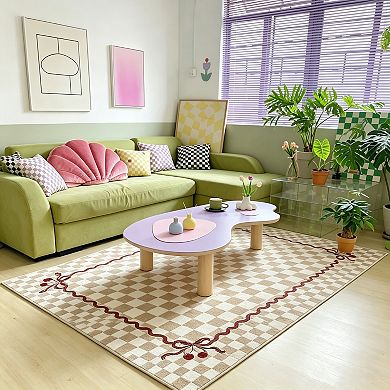 Fashionwu Cute Checkerboard Rug Cherry Bow Pattern Carpet Soft Non Slip Washable Mat Home Decor