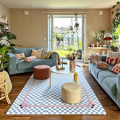 Fashionwu Cute Checkerboard Rug Cherry Bow Pattern Carpet Soft Non Slip Washable Mat Home Decor