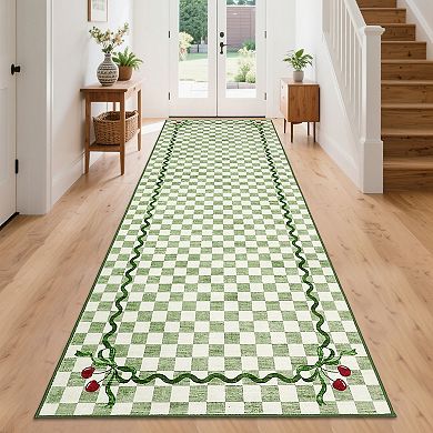 Fashionwu Cute Checkerboard Rug Cherry Bow Pattern Carpet Soft Non Slip Washable Mat Home Decor